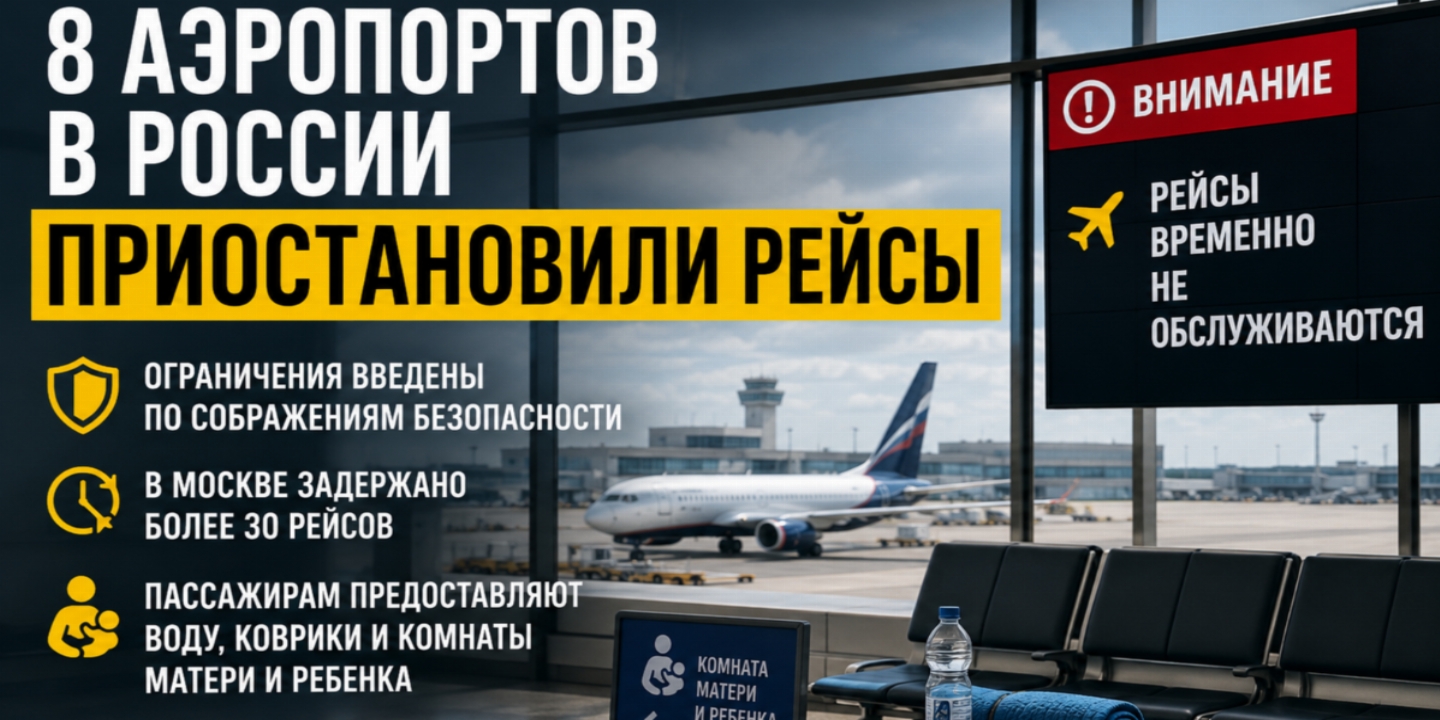 Заголовок: Восемь аэропортов в России приостановили работу на фоне усиленных мер безопасности