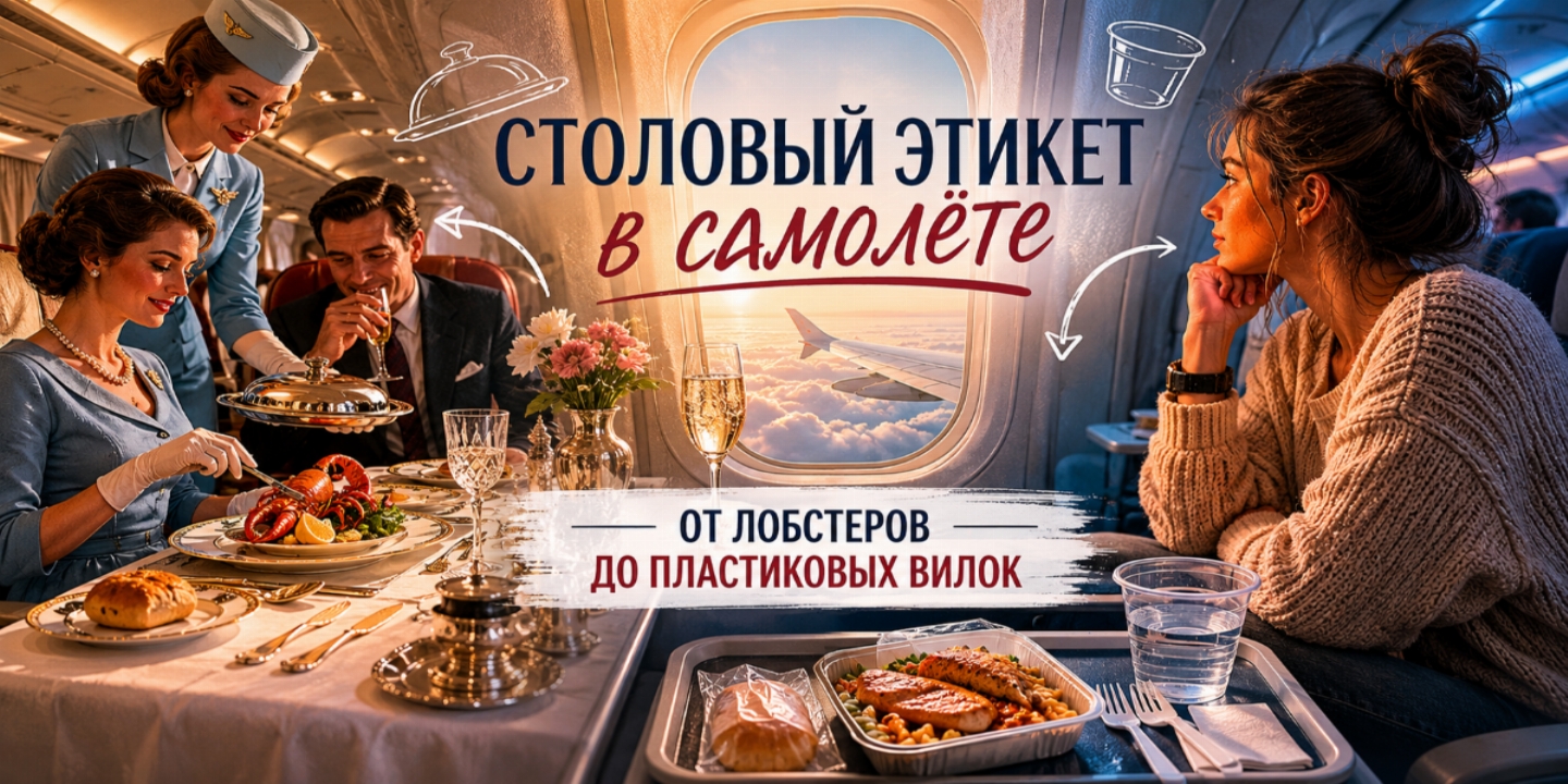 От лобстеров до пластиковых вилок: как изменился столовый этикет в самолёте