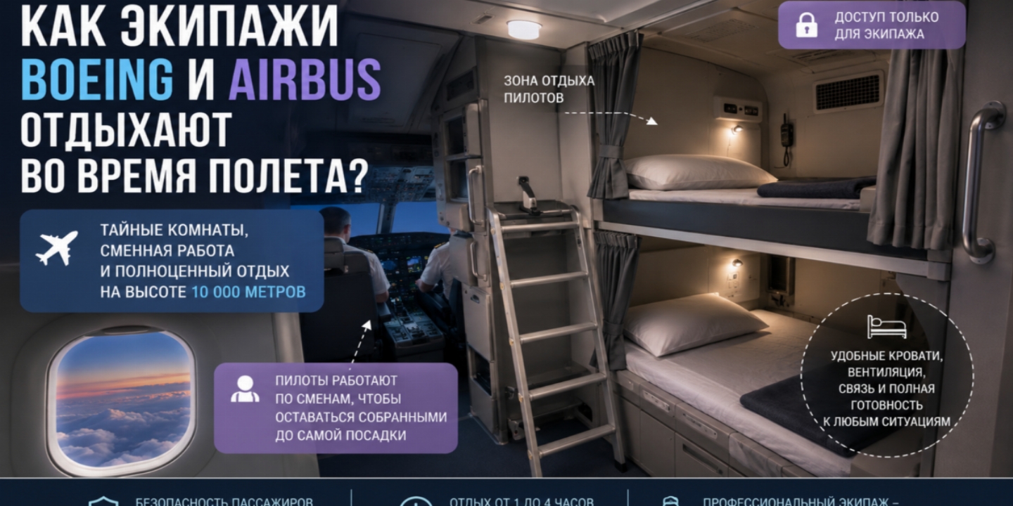Как отдыхают экипажи Boeing и Airbus во время полета: секретные комнаты, кровати над салоном и сменная работа на высоте 10 километров