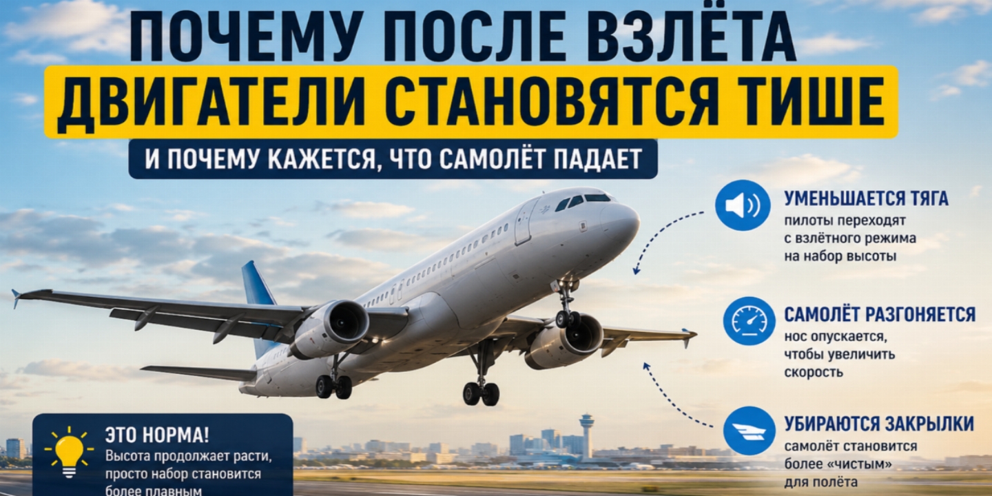 Почему сразу после взлёта двигатели самолёта будто «затихают» — и почему это совершенно нормально
