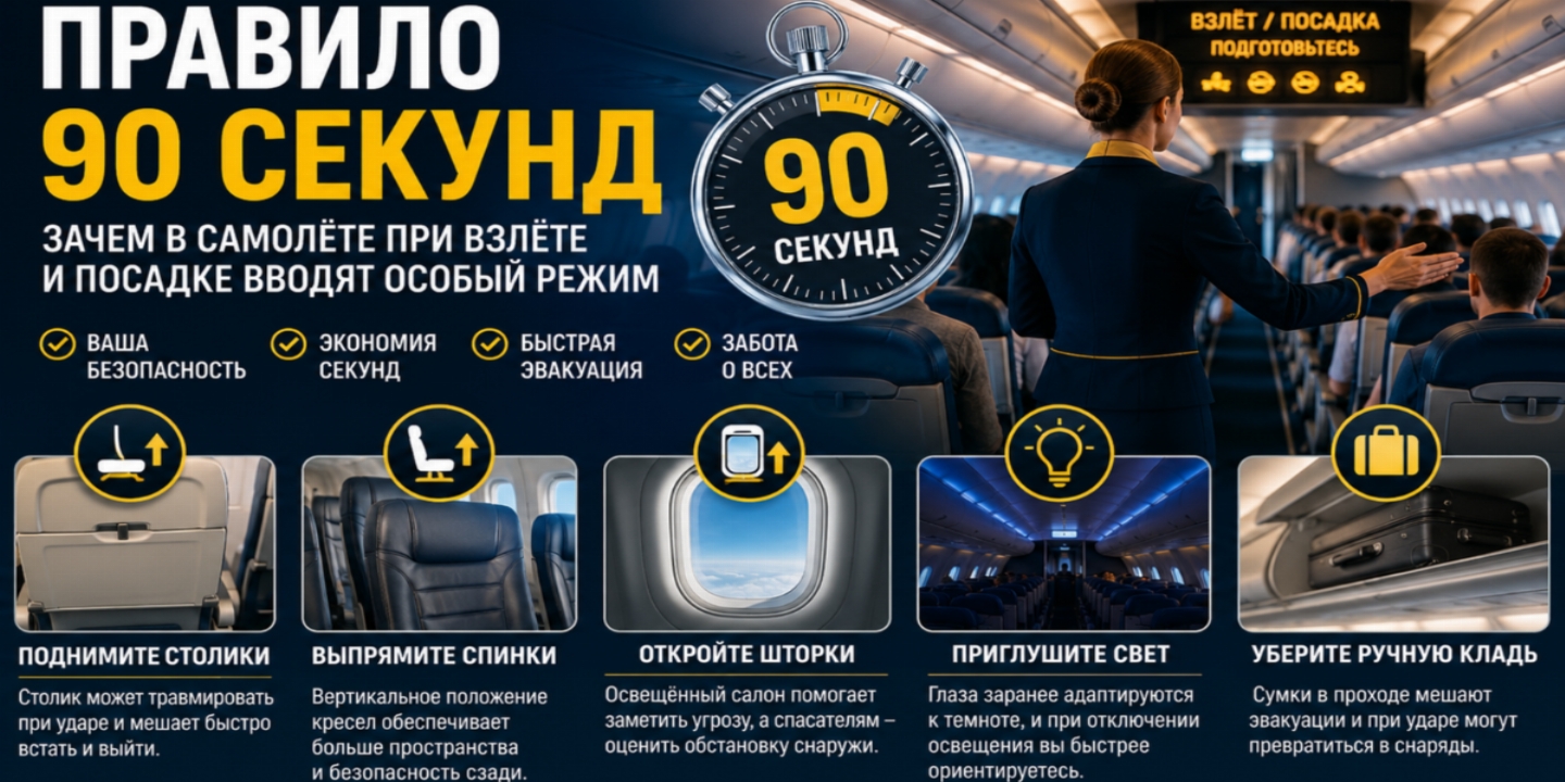 Правило 90 секунд: зачем в самолёте просят поднять столики, выпрямить спинки и открыть шторки иллюминаторов