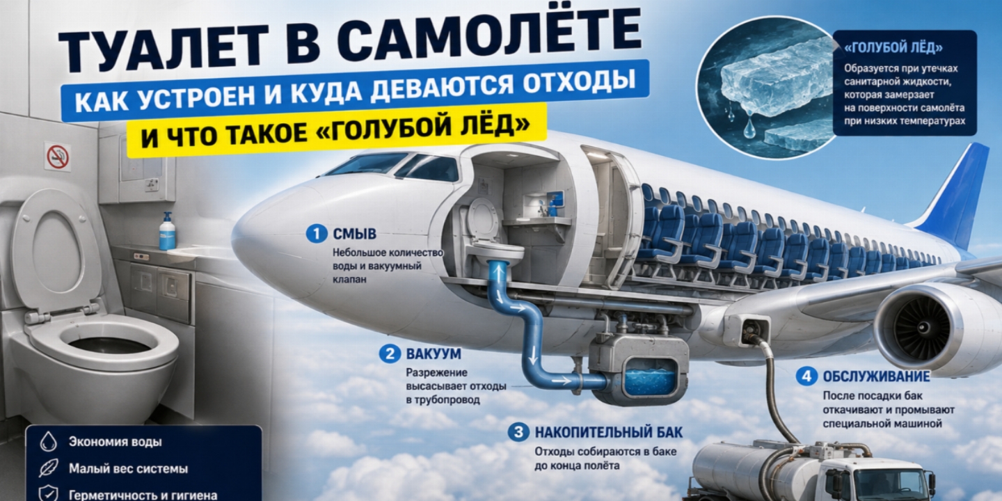 Что происходит с отходами в самолёте после смыва: вся правда о туалете на борту и «голубом льде»